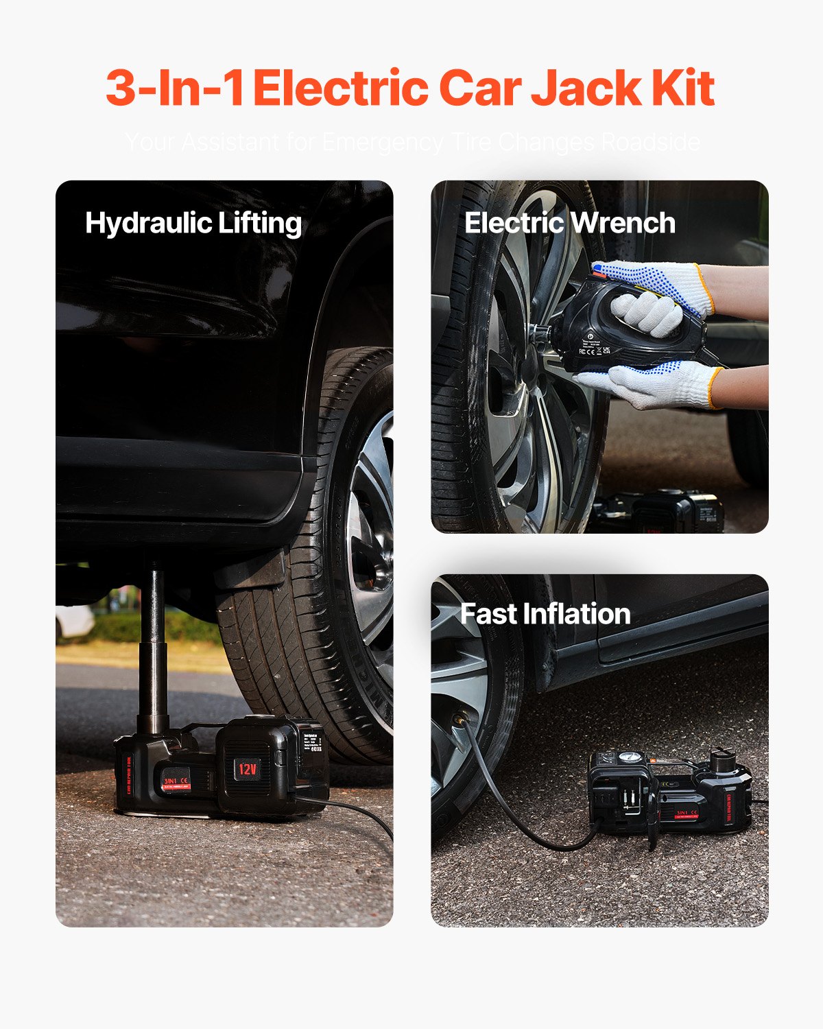 VEVOR Cric Elettrico per Auto da 5 T Cric Elettrico a Forbice con Gonfiatore Integrato, Sostituzione Pneumatici 12 V con Chiave a Percussione Elettrica e Luce LED, Kit Cric Portatile per Berlina, SUV