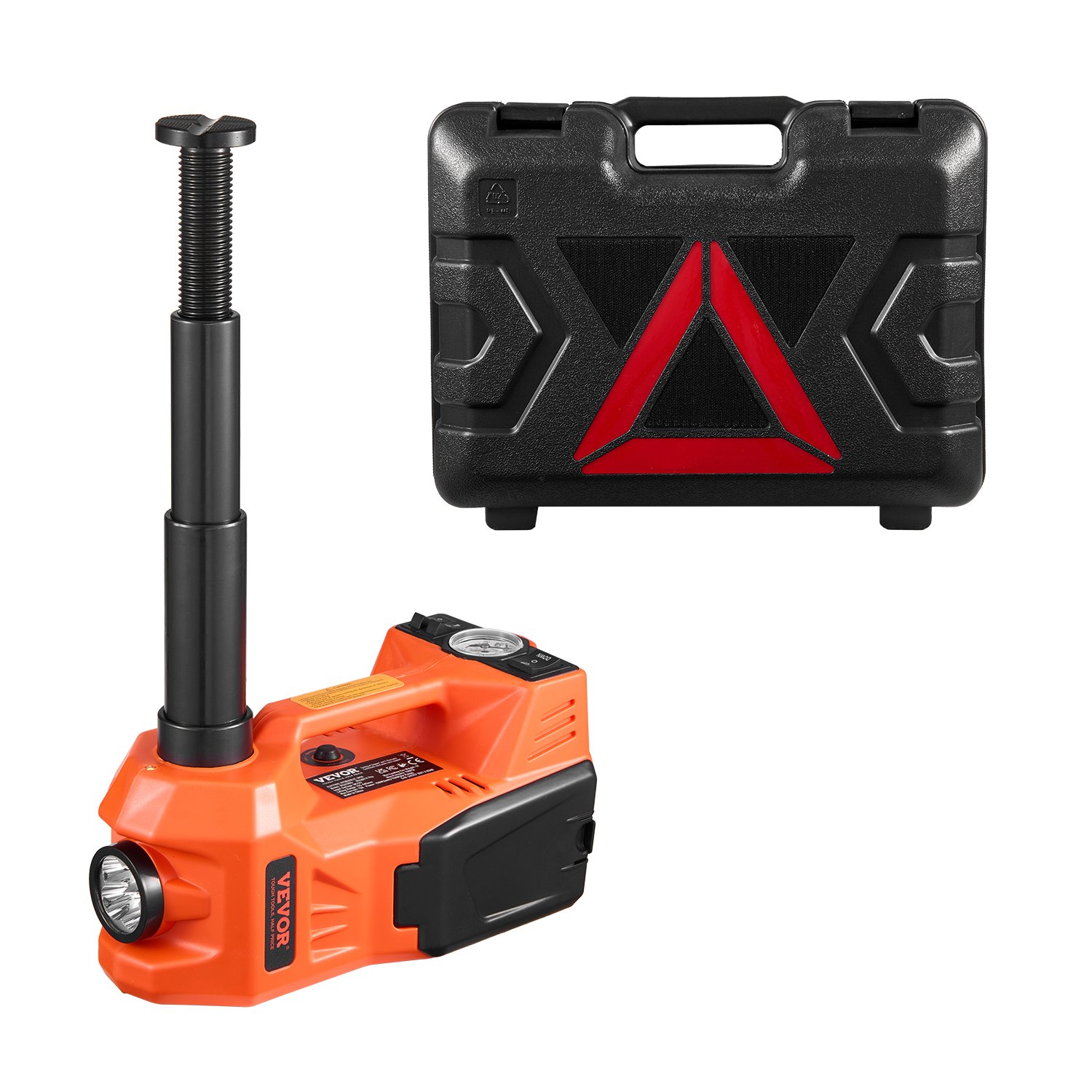 VEVOR 5-ton electric scissor jack with built-in pump, 12V adjustable tire changer kit with safety hammer & LED light, portable jack set for sedans, SUVs, and trucks