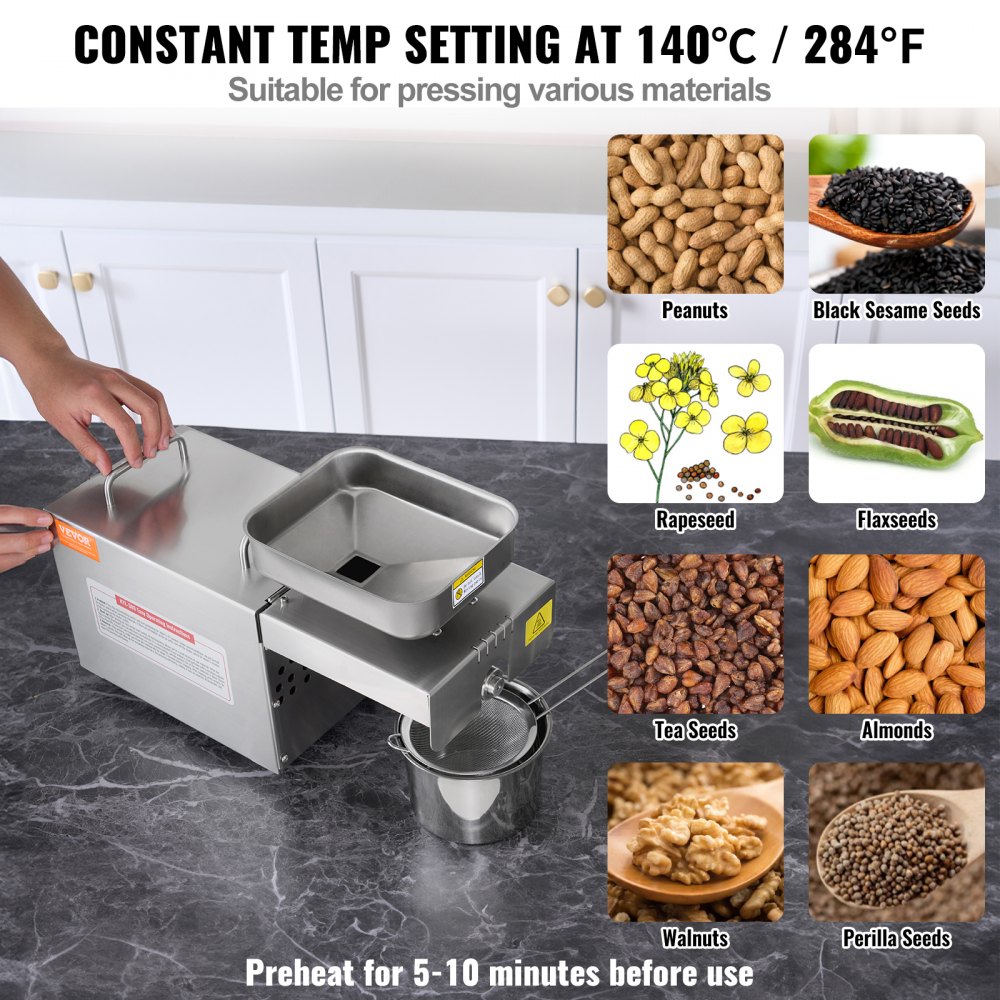 VEVOR Pressa per Olio Elettrica, Estrattore per Olio in Acciaio Inossidabile da 700 W, Temperatura Costante 140 ℃, Macchina per Estrazione dell'Olio per Spremitura di Arachidi, Semi di Sesamo, Colza