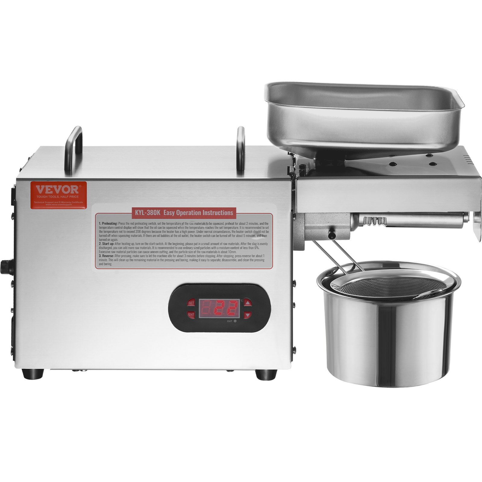 VEVOR Pressa per Olio Elettrica, Macchina per l'estrazione dell'Olio in Acciaio Inox 850W, Temperatura Regolabile 0-300 ℃, Pannello per Olio a Pressa a Caldo per Spremere Arachidi, Semi di Sesamo