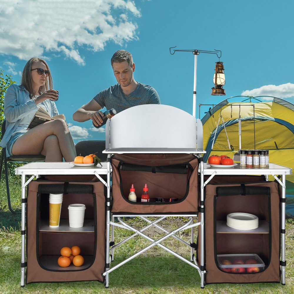 VEVOR Cucina da Campeggio per Cottura Pieghevole Portatile con Parabrezza a 3 Lati Materiale in Alluminio Ferro MDF Dimensioni Estese 174x176x46 cm, Tavolo Pieghevole Portaoggetti da Campeggio per BBQ