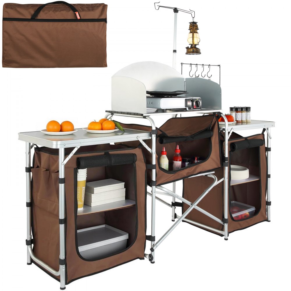 VEVOR Cucina da Campeggio per Cottura Pieghevole Portatile con Parabrezza a 3 Lati Materiale in Alluminio Ferro MDF Dimensioni Estese 174x176x46 cm, Tavolo Pieghevole Portaoggetti da Campeggio per BBQ