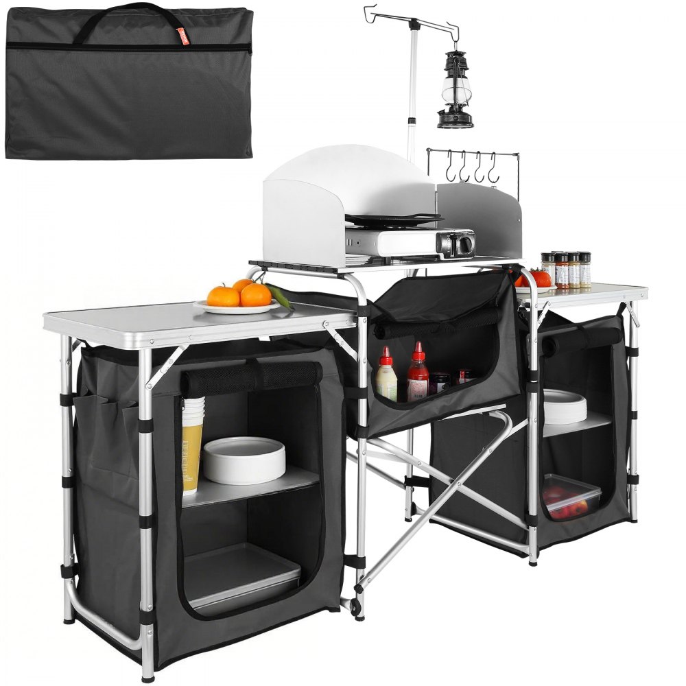 VEVOR Cucina da Campeggio per Cottura Pieghevole Portatile con Parabrezza a 3 Lati Materiale in Alluminio Ferro MDF Dimensioni Estese 174x176x46 cm, Tavolo Pieghevole Portaoggetti da Campeggio per BBQ
