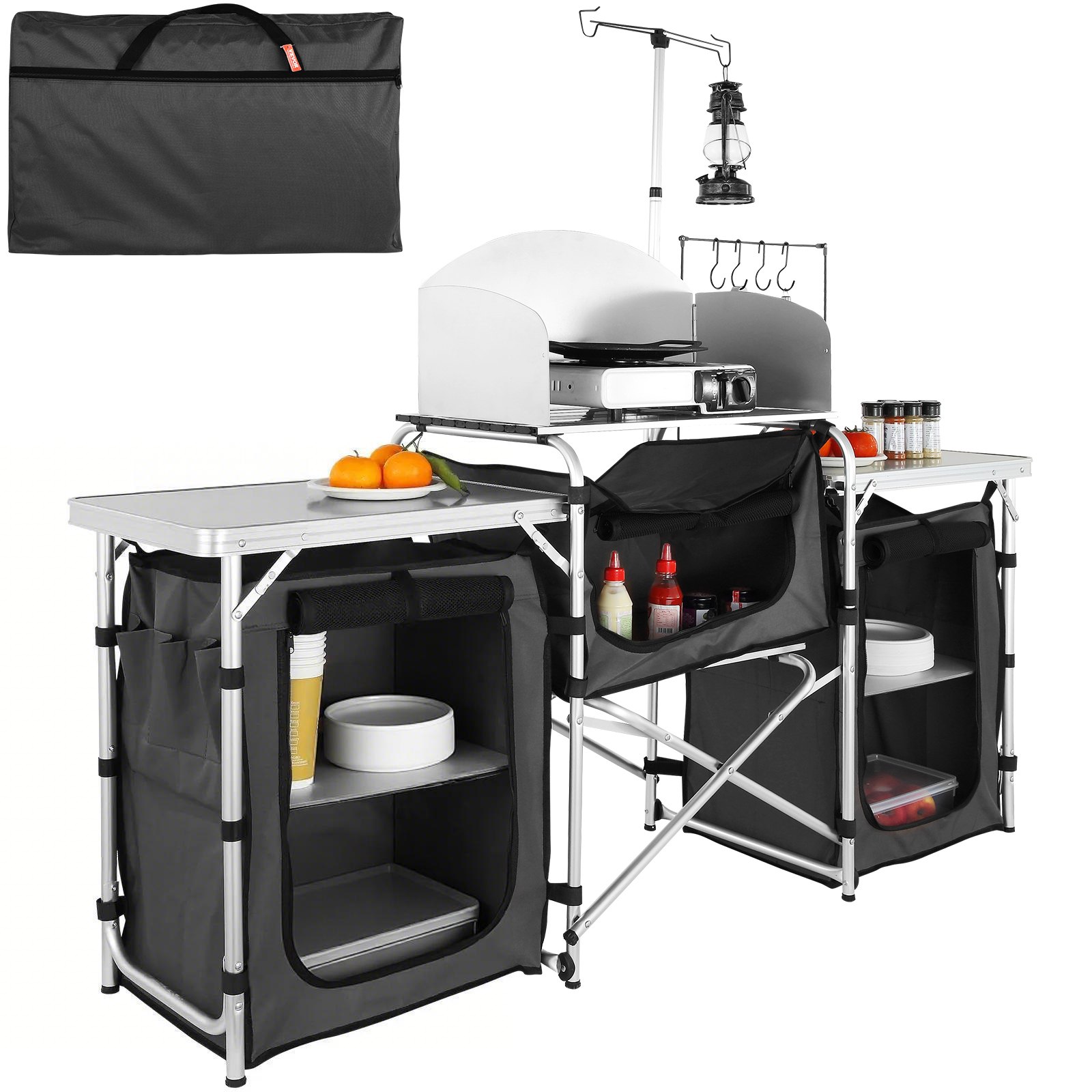 VEVOR Cucina da Campeggio per Cottura Pieghevole Portatile con Parabrezza a 3 Lati Materiale in Alluminio Ferro MDF Dimensioni Estese 174x176x46 cm, Tavolo Pieghevole Portaoggetti da Campeggio per BBQ