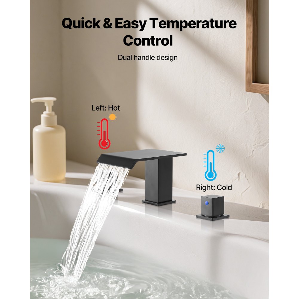 VEVOR Rubinetto per Vasca da Bagno con Beccuccio a Cascata Portata 8,3 L circa, Rubinetto Miscelatore per Vasca Romano, 3 Fori con 2 Maniglie, Set Rubinetto Acciaio Inossidabile, Nero Opaco