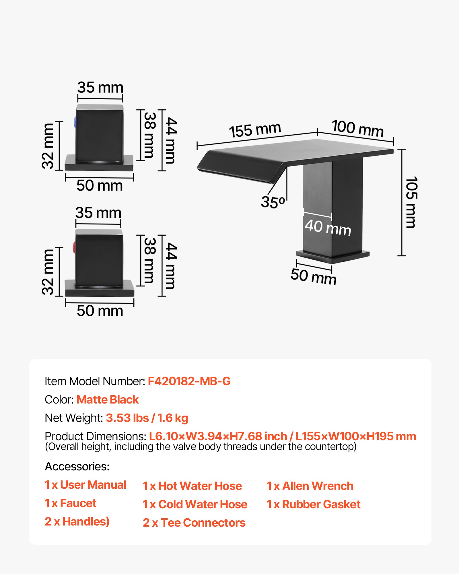 VEVOR Rubinetto per Vasca da Bagno con Beccuccio a Cascata Portata 8,3 L circa, Rubinetto Miscelatore per Vasca Romano, 3 Fori con 2 Maniglie, Set Rubinetto Acciaio Inossidabile, Nero Opaco