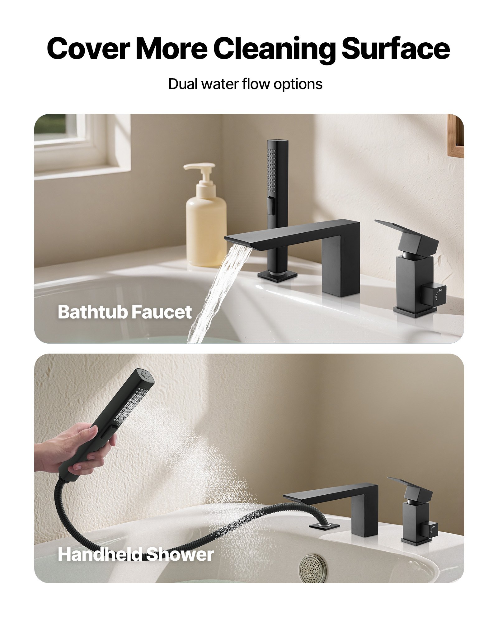 VEVOR Roman Tub Faucet, 3 Hole Waterfall Bathtub Faucet,  Roman Bathtub Faucets Set with Shower Head & 1 Handle, Deck Mount Bath Tub Faucets Set for Baby Care, Matte Black, Stainless Steel, Drip-Free