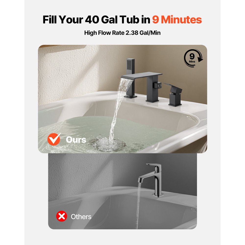 VEVOR Rubinetto per Vasca da Bagno con 3 Fori, Rubinetto con Doccetta 1 Maniglia, Miscelatore da Bagno in Acciaio Inox Nero Opaco con Doppia Opzione di Flusso Acqua Calda Acqua Fredda