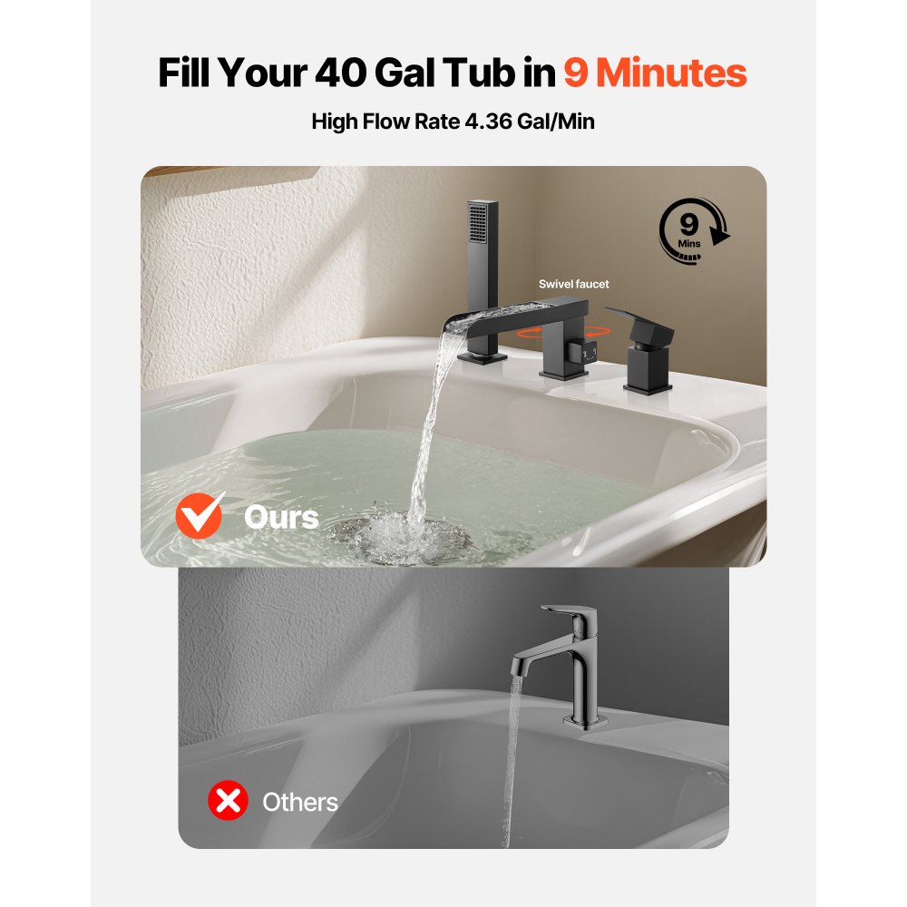 VEVOR Rubinetto per Vasca da Bagno Romano con 3 Fori, Set Rubinetto Miscelatore per Vasca da Bagno con Doccetta 1 Maniglia, Doppia Opzione di Flusso d'Acqua, Nero Opaco