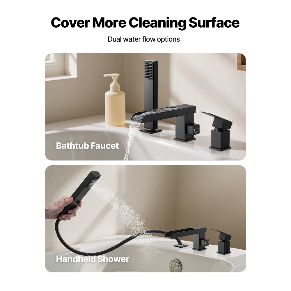 VEVOR Rubinetto per Vasca da Bagno Romano con 3 Fori, Set Rubinetto Miscelatore per Vasca da Bagno con Doccetta 1 Maniglia, Doppia Opzione di Flusso d'Acqua, Nero Opaco