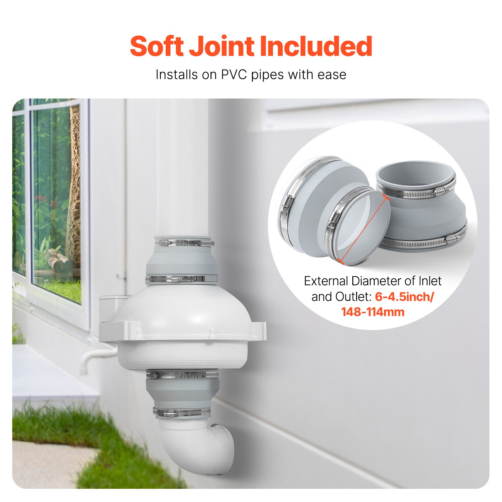 VEVOR Kit di Installazione Ventola Radon da 98 a 114 mm Kit di Mitigazione del Radon Silenzioso 380 CFM 2 Giunti, Ventola per Radon Impermeabile, Ventola di Scarico Elettrica in Linea, 2600 giri/min