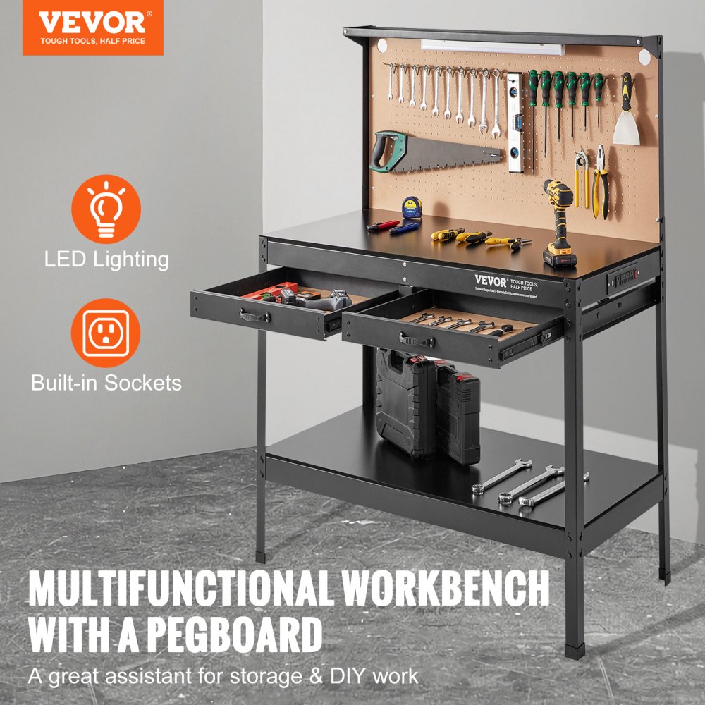 VEVOR Banco da Lavoro A3 Banco da Lavoro in Acciaio con Prese max. 1500 W Banco da Lavoro Capacità Carico max. 100 kg ca. Banco da Lavoro 4 Prese CA 2 Porte USB 2 Ripiani Portautensili da Officina