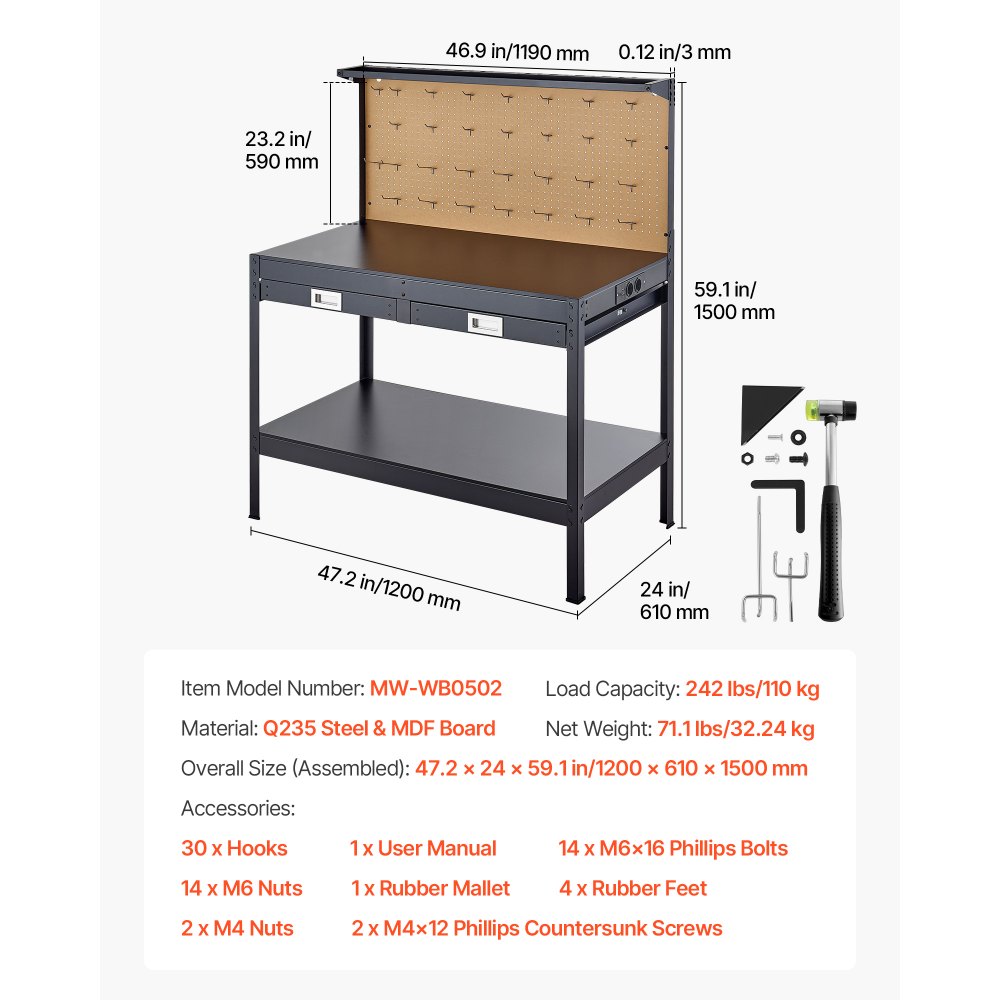 VEVOR Banco da Lavoro in Legno con Cassetti per Utensili, Banco da Lavoro con Pannello Forato per Officina, Carico Max. 110 kg, 4 Prese CA e 2 Porte USB, Cavo da 1,5 m e 30 Ganci, 150 x 61 x 120 cm