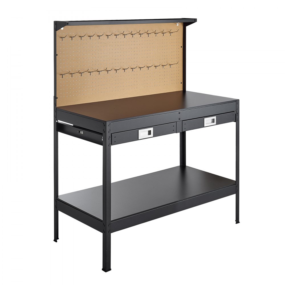 VEVOR Banco da Lavoro in Legno con Cassetti per Utensili, Banco da Lavoro con Pannello Forato per Officina, Carico Max. 110 kg, 4 Prese CA e 2 Porte USB, Cavo da 1,5 m e 30 Ganci, 150 x 61 x 120 cm