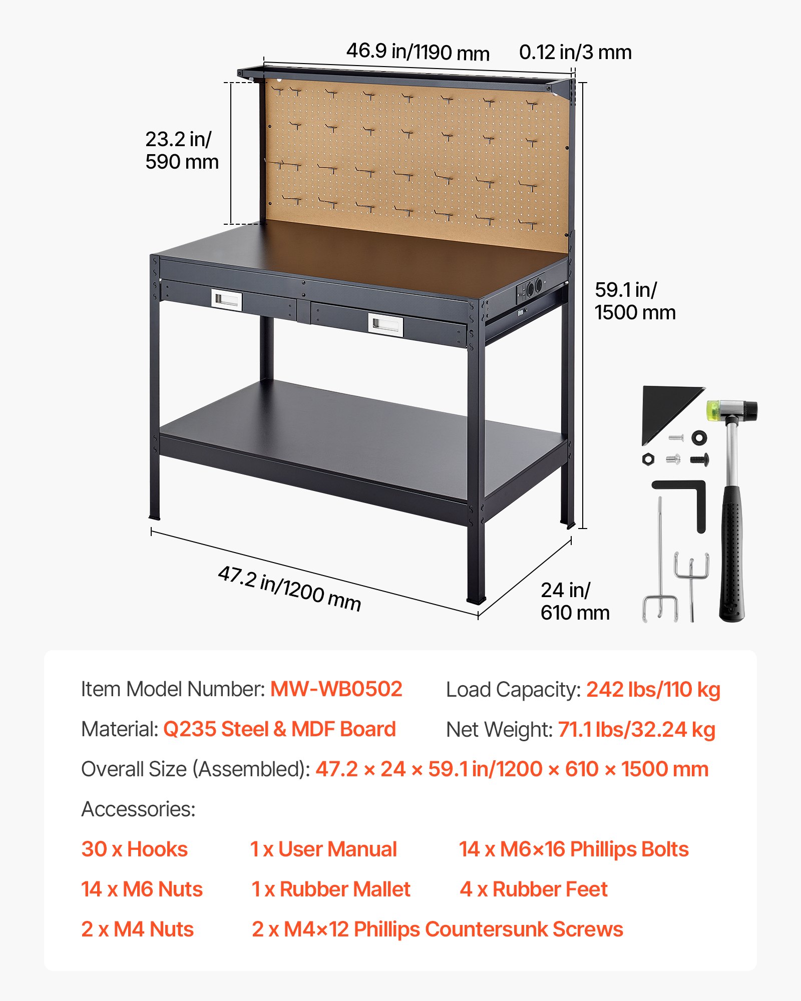 VEVOR Banco da Lavoro in Legno con Cassetti per Utensili, Banco da Lavoro con Pannello Forato per Officina, Carico Max. 110 kg, 4 Prese CA e 2 Porte USB, Cavo da 1,5 m e 30 Ganci, 150 x 61 x 120 cm