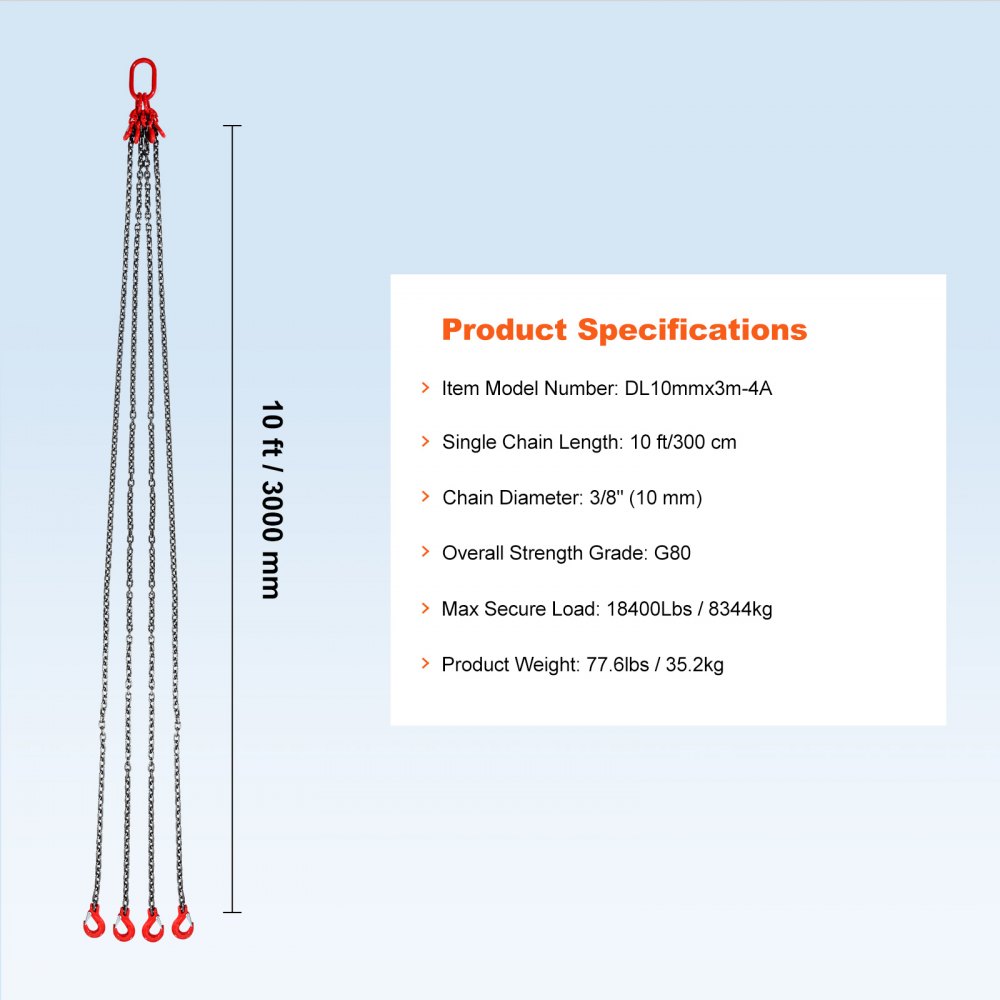 VEVOR chain sling, 3/8 inch x 10 foot lifting chains with hooks, G80 engine chain hoists, 18400 lbs/8 ton lifting sling chains for engine hoists, engine lifting chain with 4 leg grab hook and adjusters