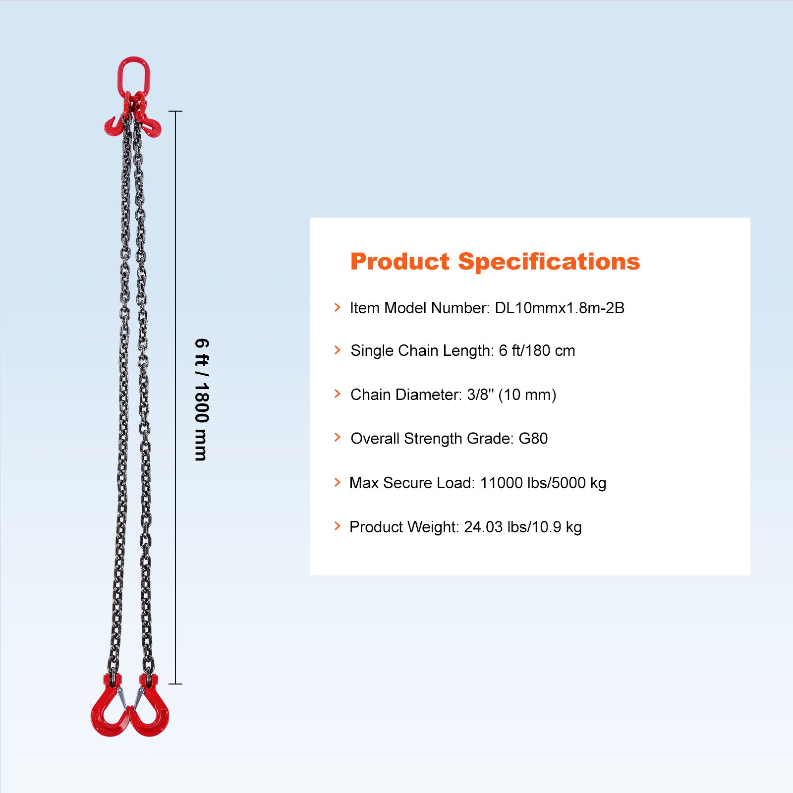 VEVOR chain sling, 3/8 inch x 6 foot lifting chains with hooks, G80 engine chain hoists, 11000 lbs/5 ton lifting sling chains for engine hoists, engine lifting chain with 2 leg grab hooks and adjusters