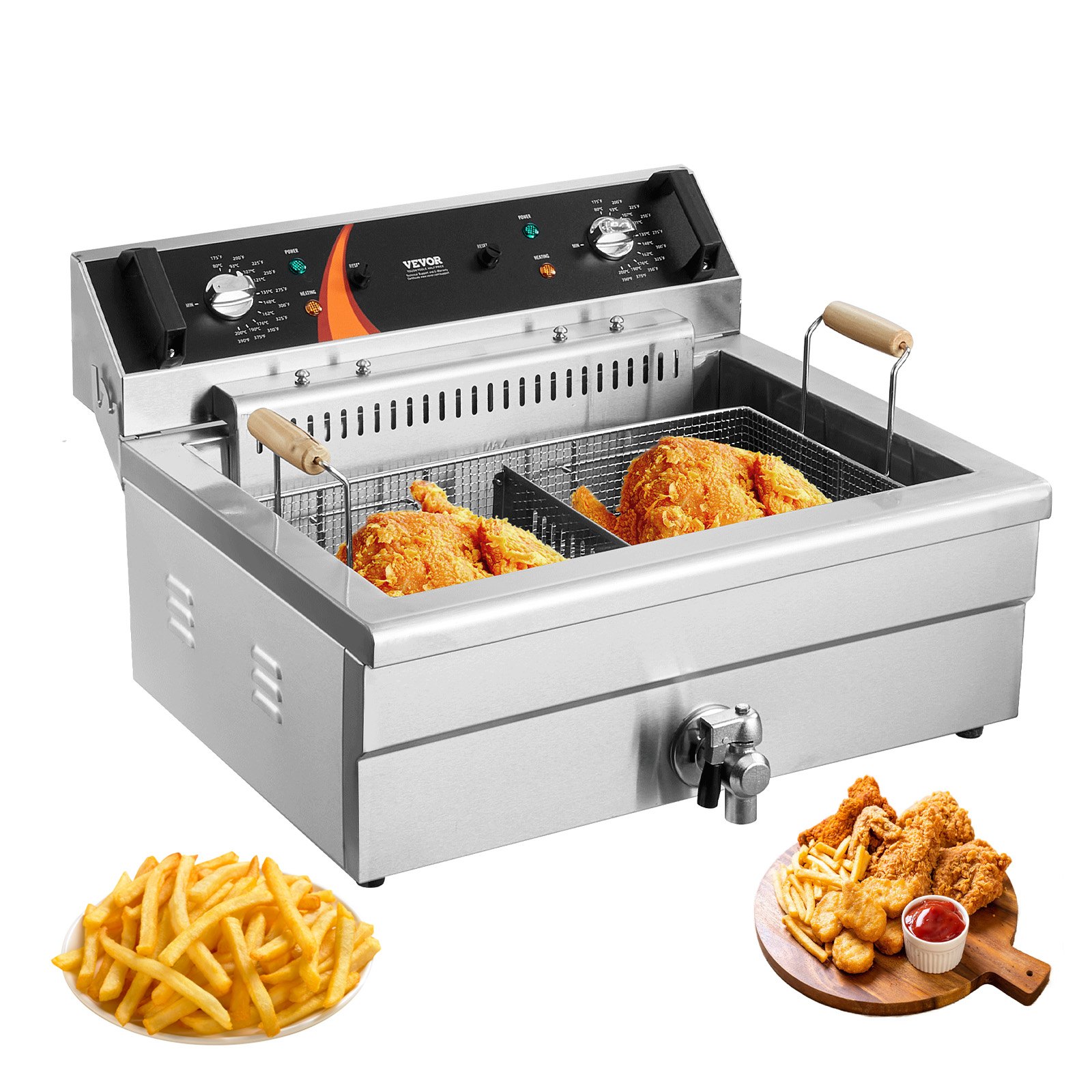 VEVOR Commercial Deep Fryer, 2250W Electric Deep Fryer with Basket, Large 20L Capacity Countertop Oil Fryer, Stainless Steel, Temperature Control, for Kitchen & Restaurant Use, Silver