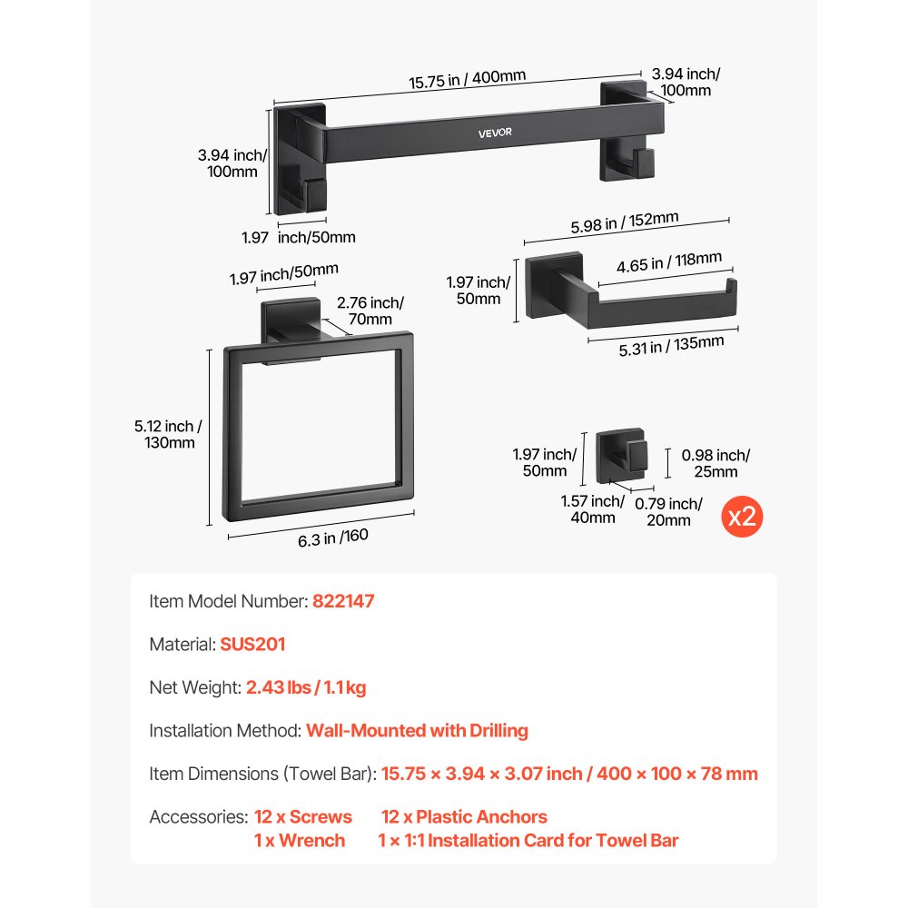 VEVOR Set di Portasciugamani da Bagno 5 pezzi con Barra Portasciugamani Lunghezza 400mm Anello Quadrato 2 Ganci Porta Carta Igienica, per Bagno, Montaggio a Parete, Nero opaco