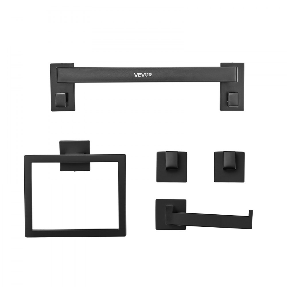 VEVOR Set di Portasciugamani da Bagno 5 pezzi con Barra Portasciugamani Lunghezza 400mm Anello Quadrato 2 Ganci Porta Carta Igienica, per Bagno, Montaggio a Parete, Nero opaco