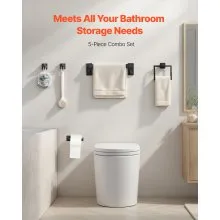 VEVOR Set di Portasciugamani da Bagno 5 pezzi con Barra Portasciugamani Lunghezza 400mm Anello Quadrato 2 Ganci Porta Carta Igienica, per Bagno, Montaggio a Parete, Nero opaco