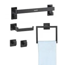 VEVOR Set di Portasciugamani da Bagno 5 pezzi con Barra Portasciugamani Lunghezza 400mm Anello Quadrato 2 Ganci Porta Carta Igienica, per Bagno, Montaggio a Parete, Nero opaco