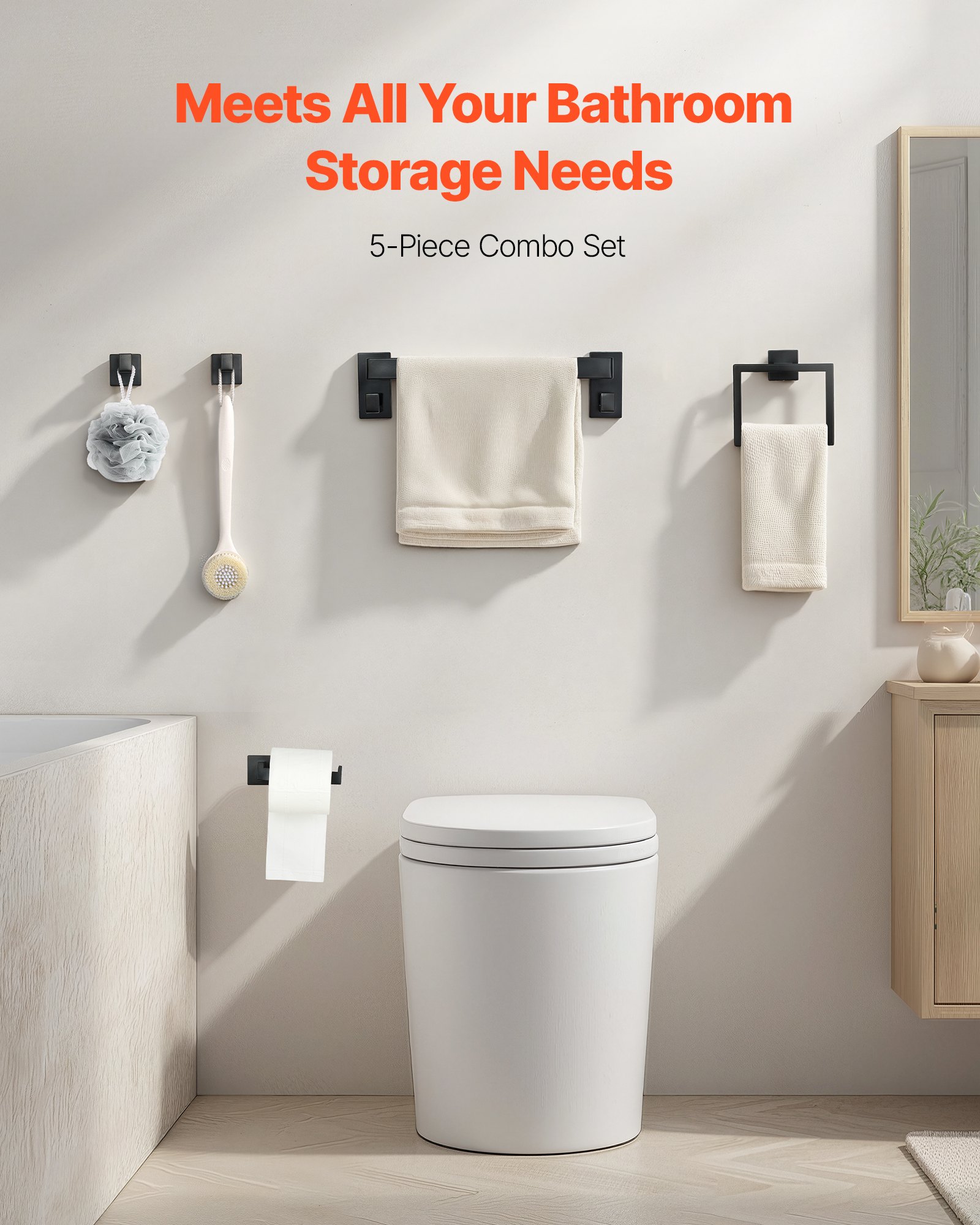 VEVOR Set di Portasciugamani da Bagno 5 pezzi con Barra Portasciugamani Lunghezza 400mm Anello Quadrato 2 Ganci Porta Carta Igienica, per Bagno, Montaggio a Parete, Nero opaco