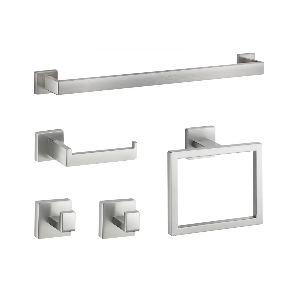 VEVOR Set di Portasciugamani da Bagno in Nichel Spazzolato 5 pezzi con Barra Portasciugamani Lunghezza 598mm in Acciaio Inox 2 Ganci Porta Carta Igienica, per Bagno, Montaggio a Parete