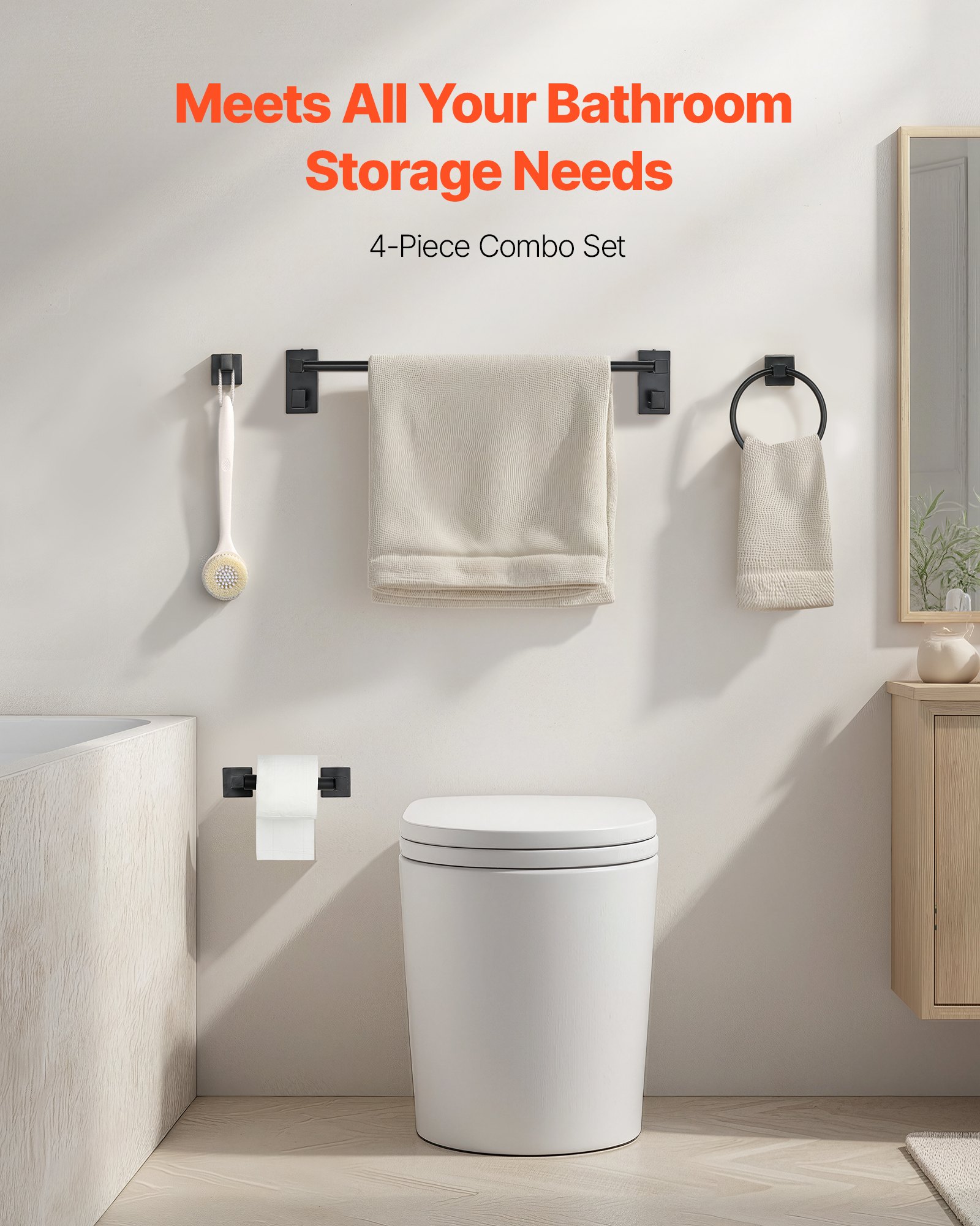 VEVOR Set di Portasciugamani da Bagno 4 pezzi con Barra Portasciugamani Lunghezza 595mm Anello Porta Asciugamano in Acciaio Inox 201, Kit Ferramenta per Bagno, Montaggio a Parete