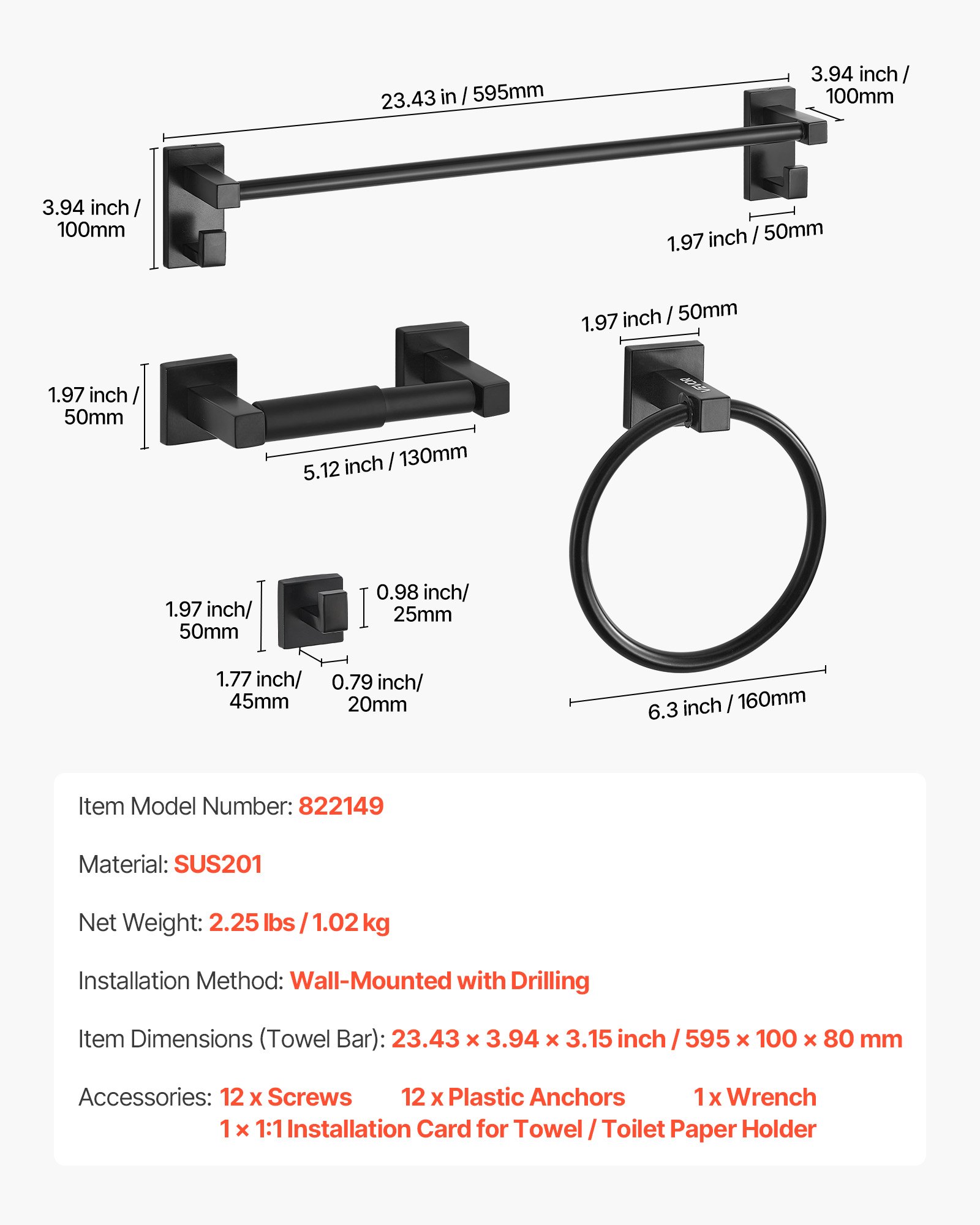 VEVOR Set di Portasciugamani da Bagno 4 pezzi con Barra Portasciugamani Lunghezza 595mm Anello Porta Asciugamano in Acciaio Inox 201, Kit Ferramenta per Bagno, Montaggio a Parete