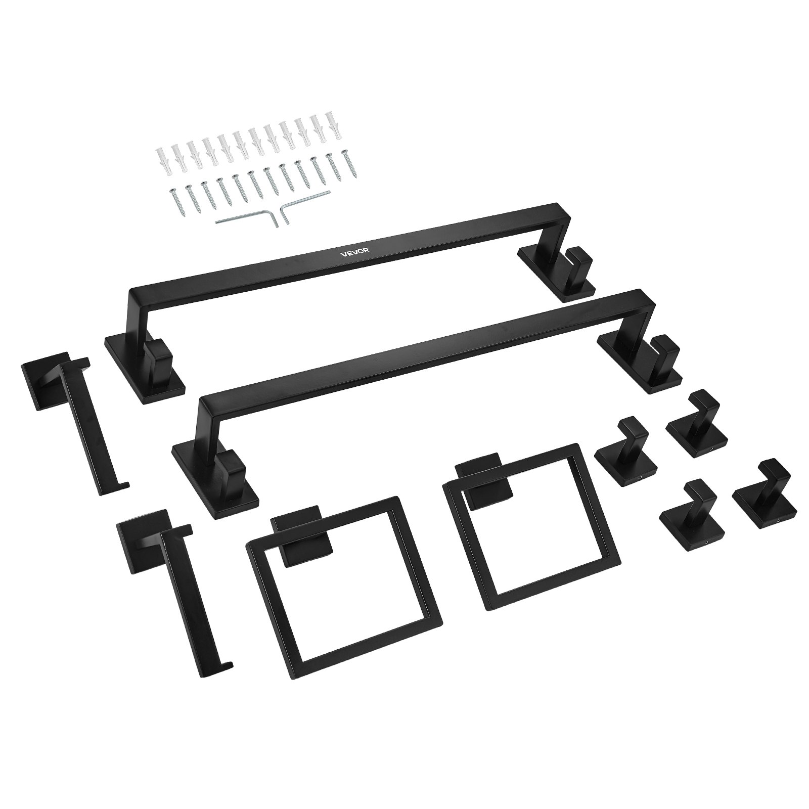 VEVOR Set di Portasciugamani da Bagno in Nichel Spazzolato 10 pezzi con Barra Portasciugamani Lunghezza 595mm in Acciaio Inox, Kit Ferramenta per Bagno, Montaggio a Parete, Nero Opaco