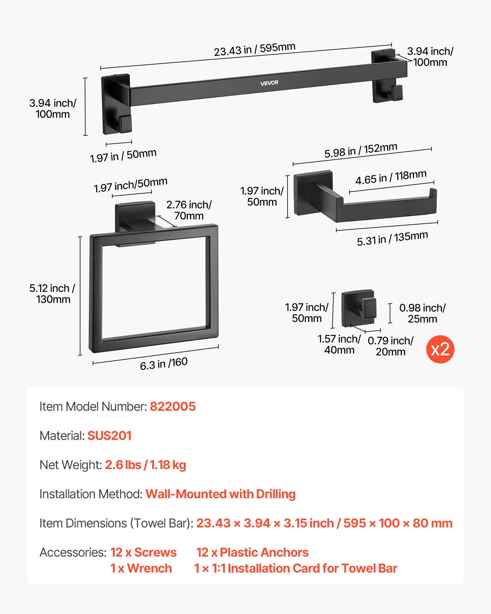 VEVOR Set di Portasciugamani da Bagno 5 pezzi con Barra Portasciugamani Lunghezza 595mm Anello Quadrato Porta Asciugamano in Acciaio Inox 201, Kit Ferramenta per Bagno, Montaggio a Parete