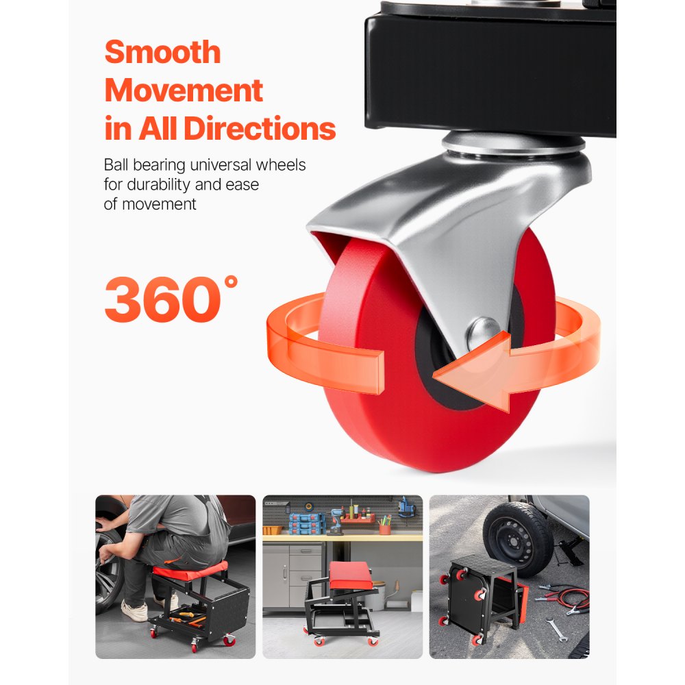 VEVOR Mechanic's Stool, Garage Seat, Work Stool, Workshop Stool (136 kg load capacity) with Wheels, 360° Swivel Workshop Stool with Tool Tray, Step Stool for Garage, Workshop, Car Repair