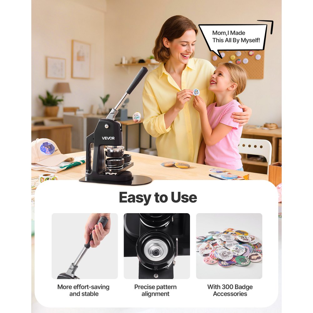 VEVOR Button Maker Machine, 32/58/75 mm 3-in-1, Plastic Pin Maker with 300pcs Button Parts, Circle Cutter and Magic Book, Reinforced Ergonomic Handle, for DIY Badges, Personalized Pins, Black