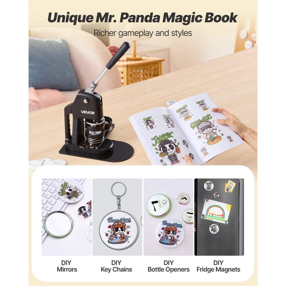 VEVOR Button Maker Machine, 32/58/75 mm 3-in-1, Plastic Pin Maker with 300pcs Button Parts, Circle Cutter and Magic Book, Reinforced Ergonomic Handle, for DIY Badges, Personalized Pins, Black