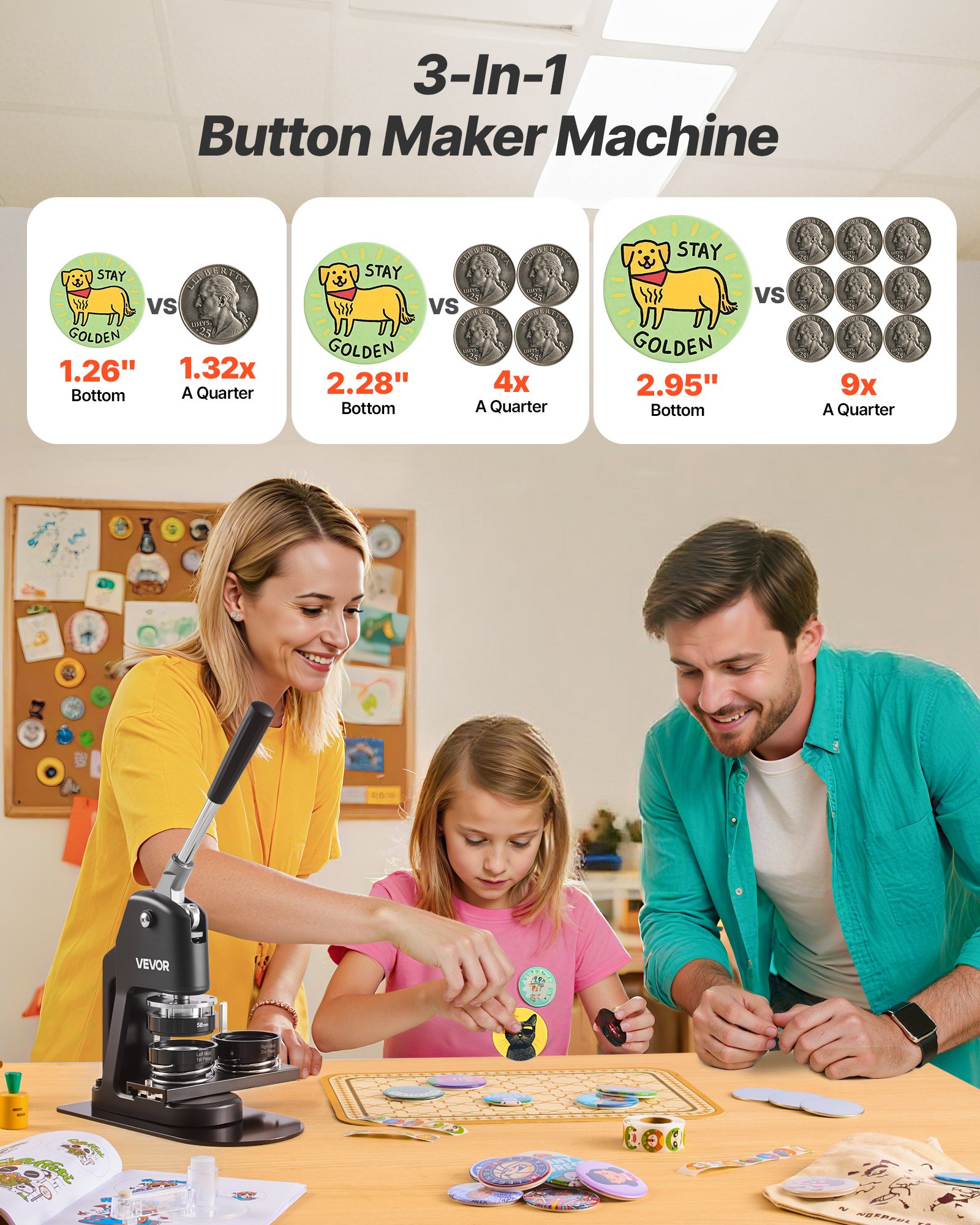 VEVOR Button Maker Machine, 32/58/75 mm 3-in-1, Plastic Pin Maker with 300pcs Button Parts, Circle Cutter and Magic Book, Reinforced Ergonomic Handle, for DIY Badges, Personalized Pins, Black