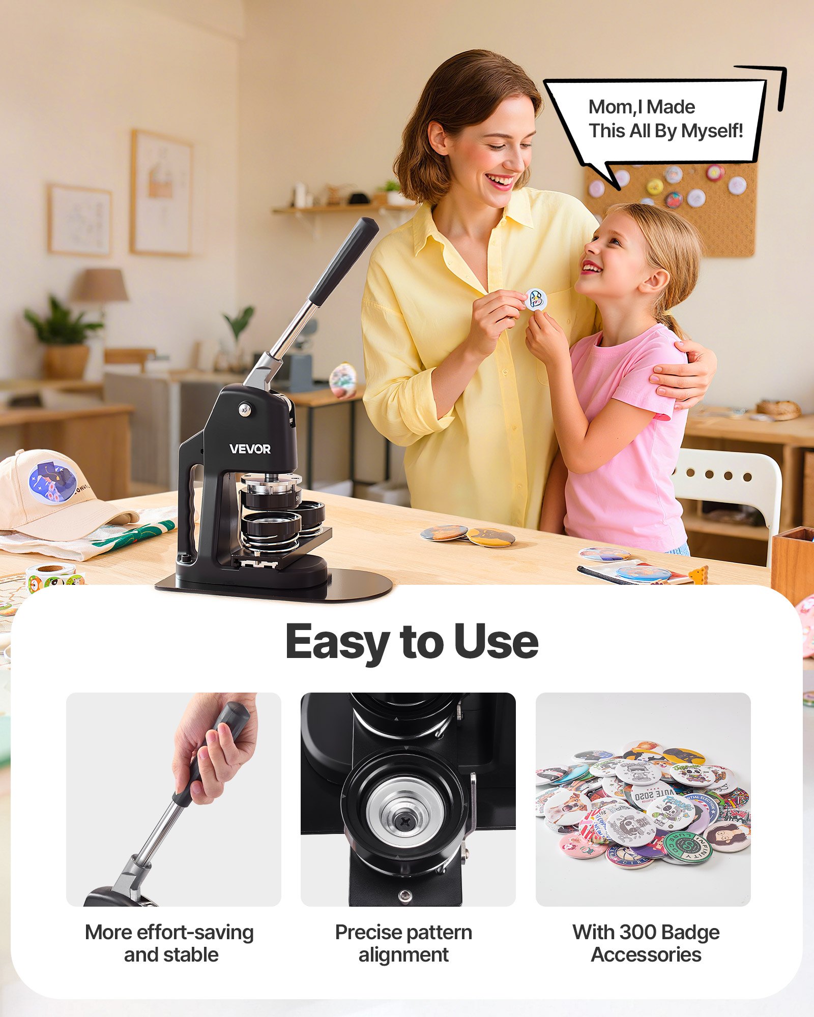 VEVOR Button Maker Machine, 32/58/75 mm 3-in-1, Plastic Pin Maker with 300pcs Button Parts, Circle Cutter and Magic Book, Reinforced Ergonomic Handle, for DIY Badges, Personalized Pins, Black