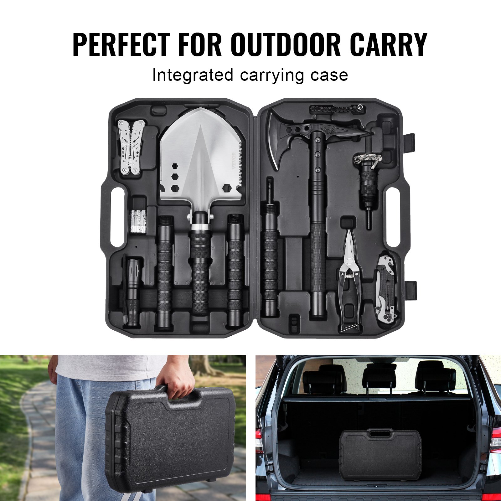 VEVOR Kit Attrezzatura da Esterno Pala con Ascia, Vanga Pieghevole da Campeggio con Ascia, Combinazione Pala-ascia in Acciaio Inox, Attrezzatura Multifunzionale per Campeggio Escursionismo, Nero