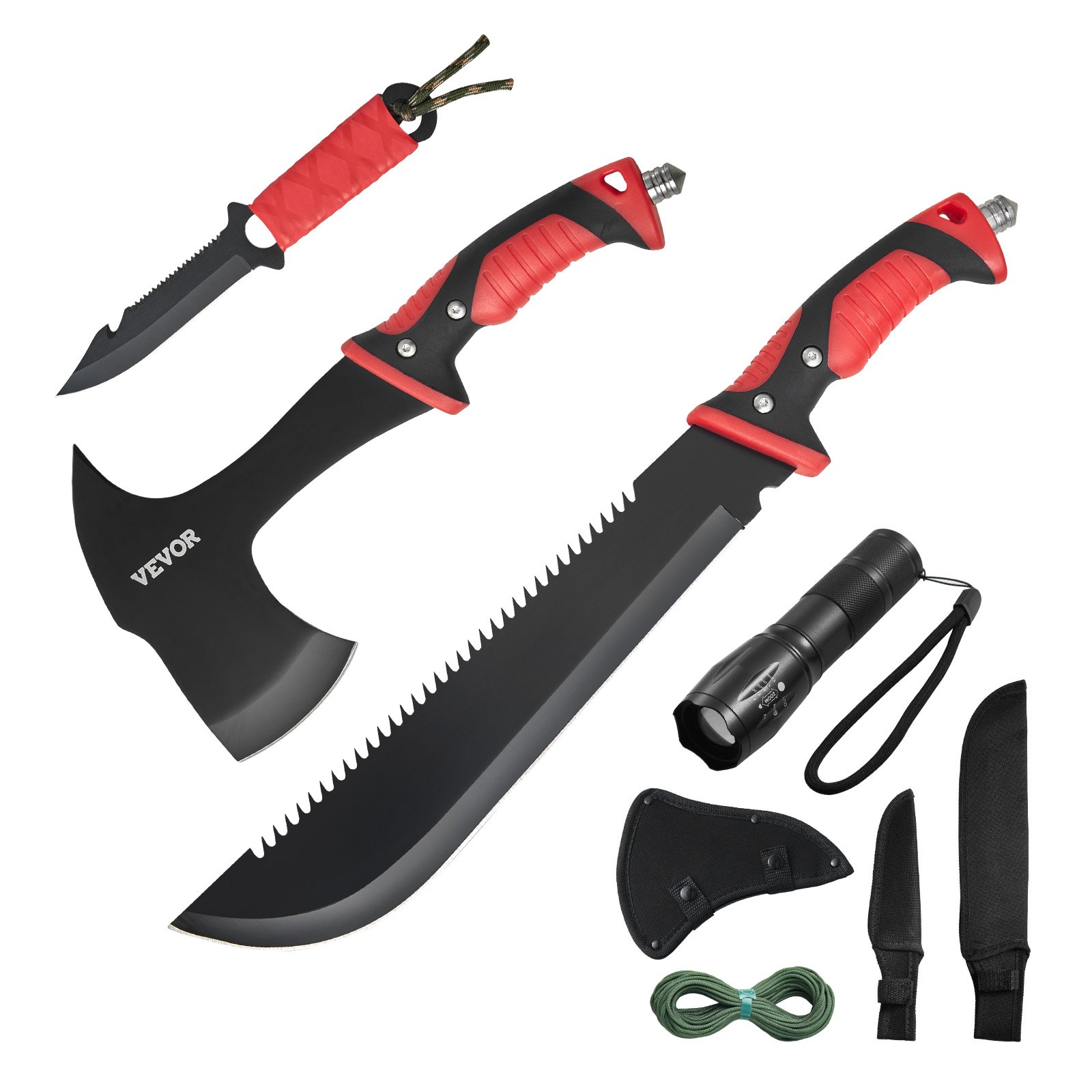 VEVOR Set di Coltelli da Campeggio con Ascia e Machete con Fodero Coltello da Caccia Torcia Elettrica Paracord Machete Set Attrezzi da Campeggio in Acciaio Inox per Sopravvivenza all'Aperto, Caccia