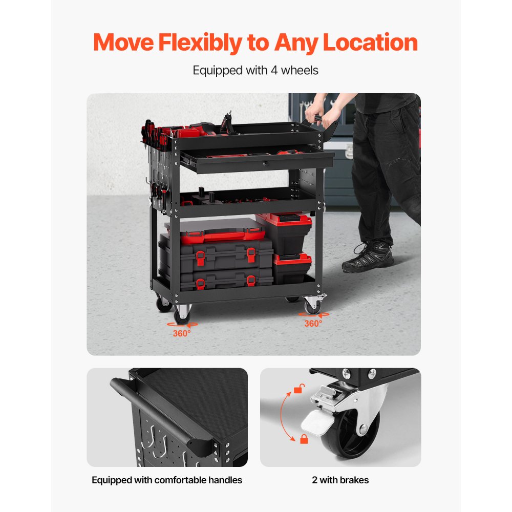 VEVOR Tool Trolley 830x350x826 mm, 160 kg Load Capacity, Workshop Trolley with Drawer, Storage Organizer for Mechanic's Tools, for Garage, Warehouse and Repair Shop, Black