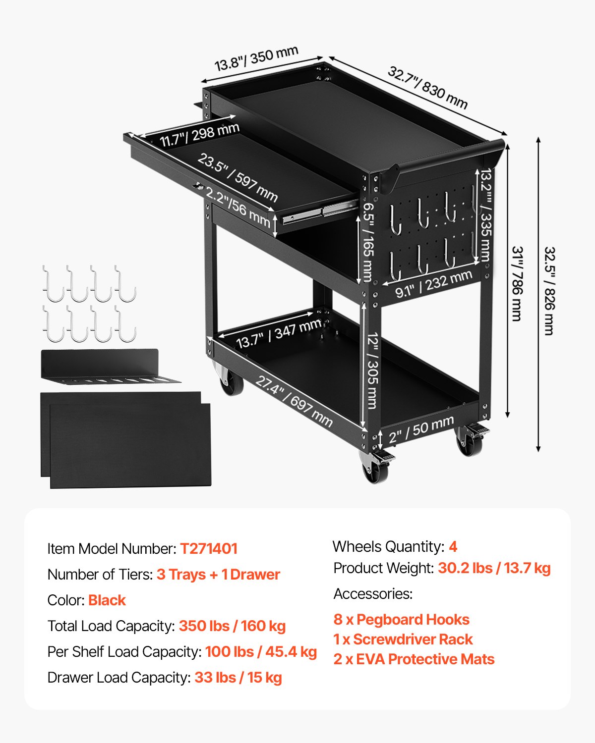 VEVOR Tool Trolley 830x350x826 mm, 160 kg Load Capacity, Workshop Trolley with Drawer, Storage Organizer for Mechanic's Tools, for Garage, Warehouse and Repair Shop, Black
