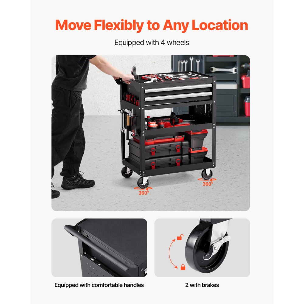 VEVOR Tool Trolley 785x450x945 mm, 181 kg Load Capacity, Workshop Trolley with 2 Drawers, Storage Organizer for Mechanic's Tools, for Garage, Warehouse & Repair Shop, Black