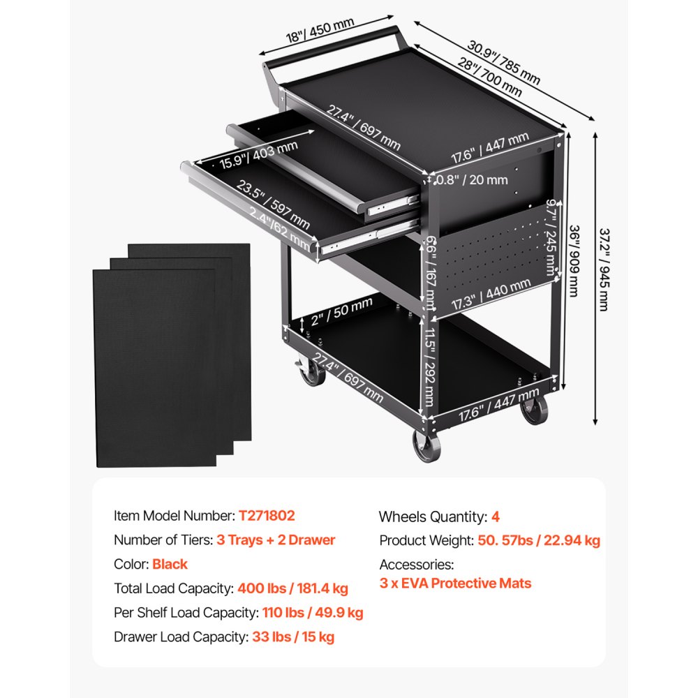 VEVOR Tool Trolley 785x450x945 mm, 181 kg Load Capacity, Workshop Trolley with 2 Drawers, Storage Organizer for Mechanic's Tools, for Garage, Warehouse & Repair Shop, Black