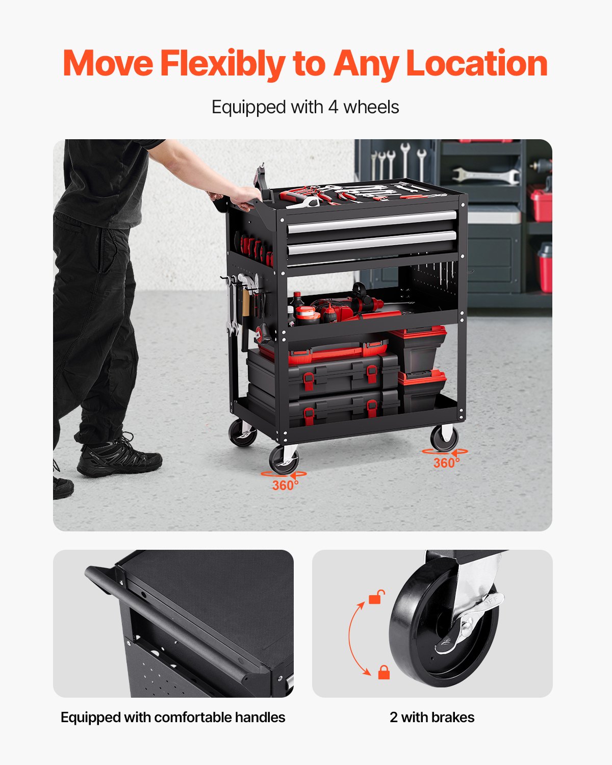 VEVOR Tool Trolley 785x450x945 mm, 181 kg Load Capacity, Workshop Trolley with 2 Drawers, Storage Organizer for Mechanic's Tools, for Garage, Warehouse & Repair Shop, Black