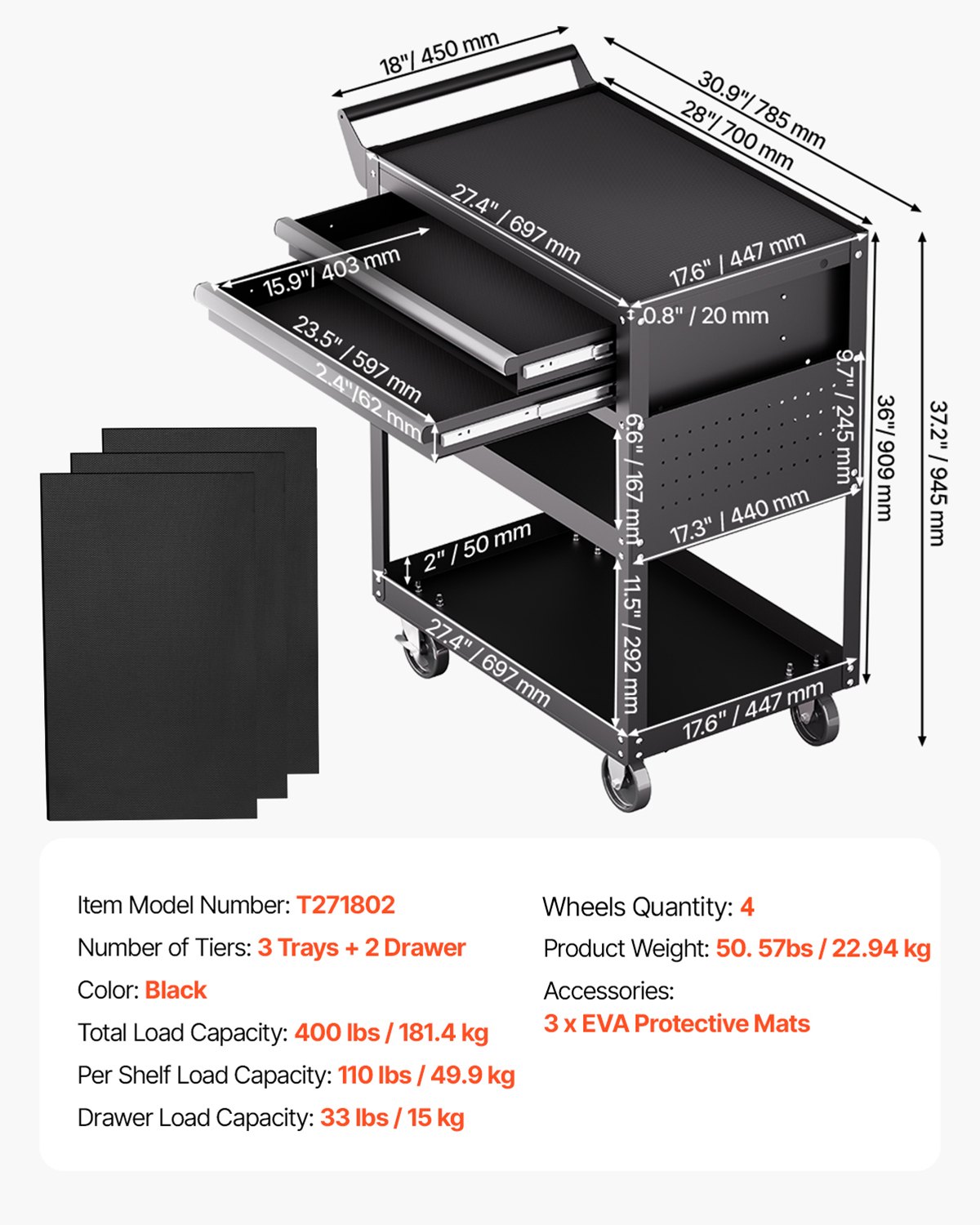 VEVOR Tool Trolley 785x450x945 mm, 181 kg Load Capacity, Workshop Trolley with 2 Drawers, Storage Organizer for Mechanic's Tools, for Garage, Warehouse & Repair Shop, Black