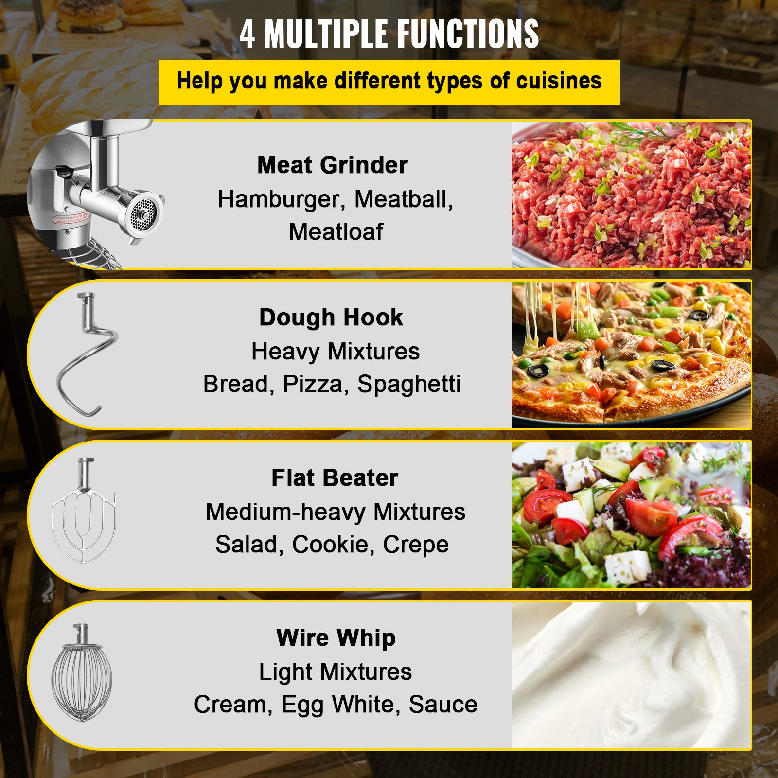 VEVOR Food Processor, 1100 W Kneading Machine, 20 L Stainless Steel Compact Food Processor, 120 kg/h Meat Grinder, 20 L Bowl, Stand Mixer, 3 Speeds, Multifunctional Mixer and Chopper