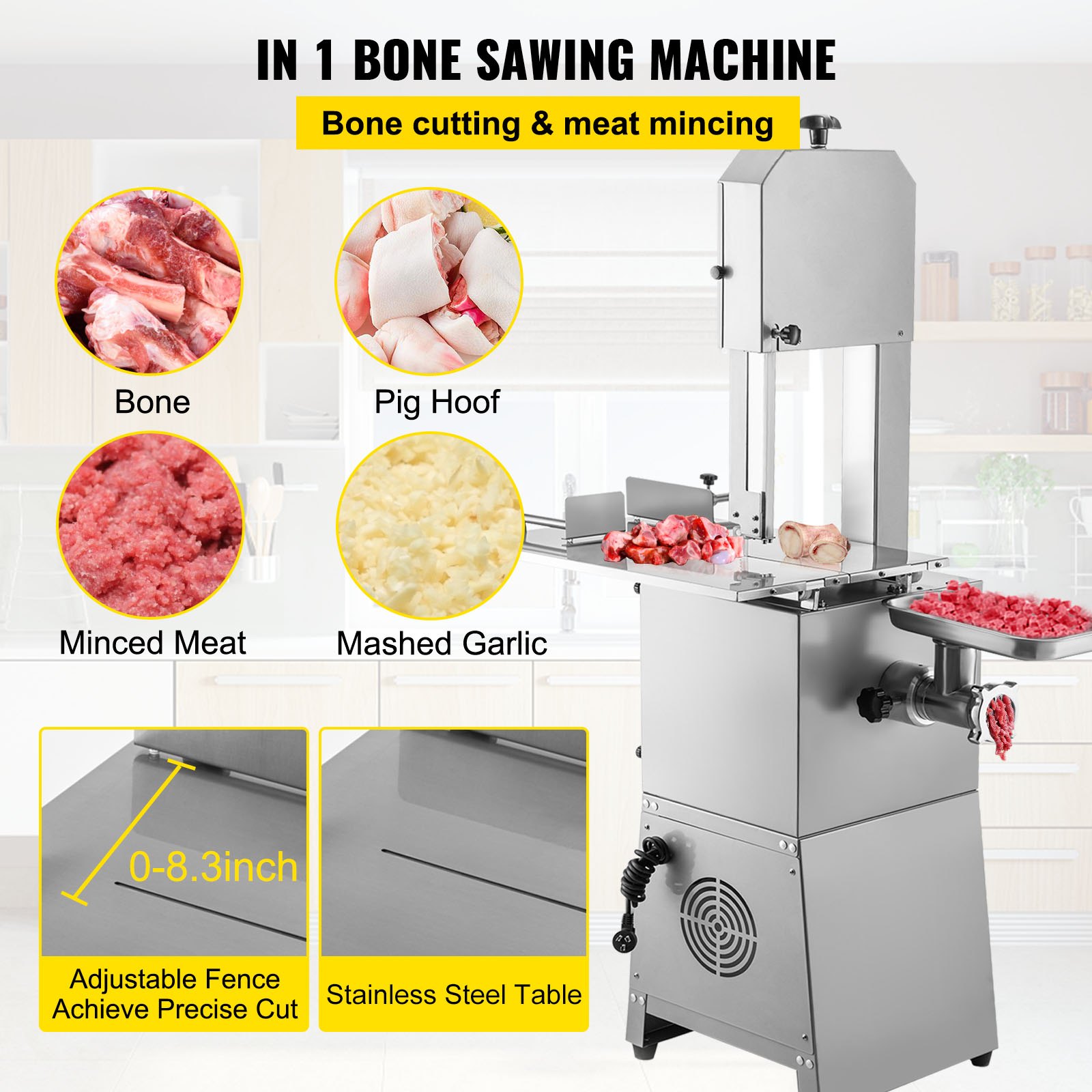 VEVOR Sega a Nastro Elettrica da Banco da 1100W 220V, Affettatrice per Il Taglio dell'Osso da 318 RPM, Segaossa Commerciale Macchina in Alluminio e Acciaio Inox con Padella per Rottami Rimovibile