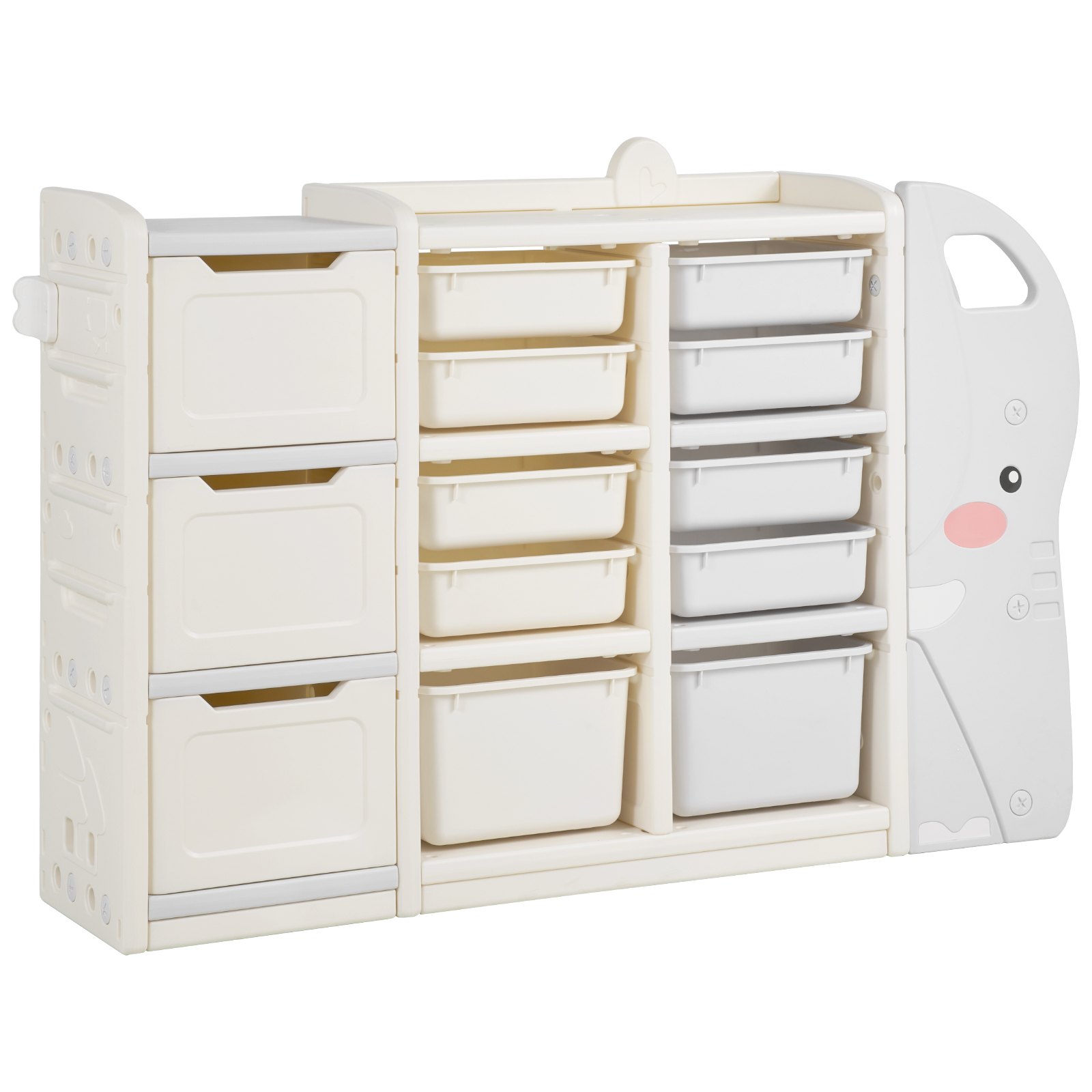 VEVOR Scaffale per Giocattoli a Forma di Elefante, Organizzatore per Giocattoli Multifunzionale a 4 Ripiani con 10 Contenitori in Plastica Flessibile, per Camera da Letto e Aula, Grigio e Beige
