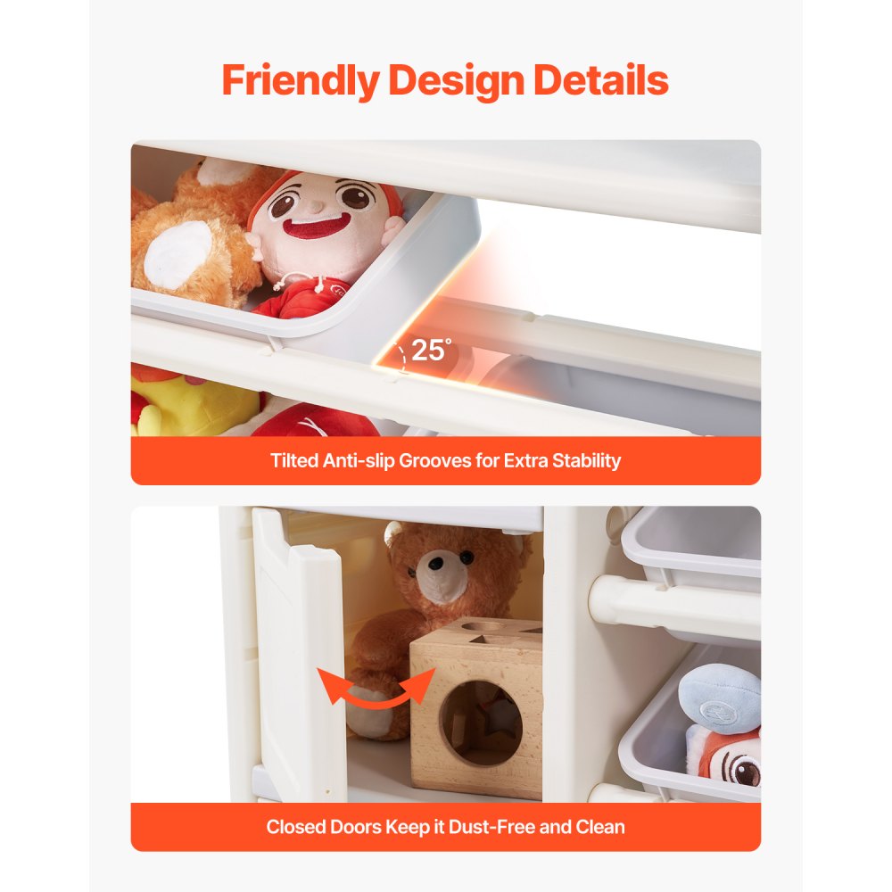 VEVOR Scaffale per Giocattoli in HDPE, Organizzatore per Giocattoli Multifunzionale a 4 Ripiani con 10 Contenitori in Plastica Flessibile, per Camera da Letto e Cameretta dei Bambini, Grigio e Beige