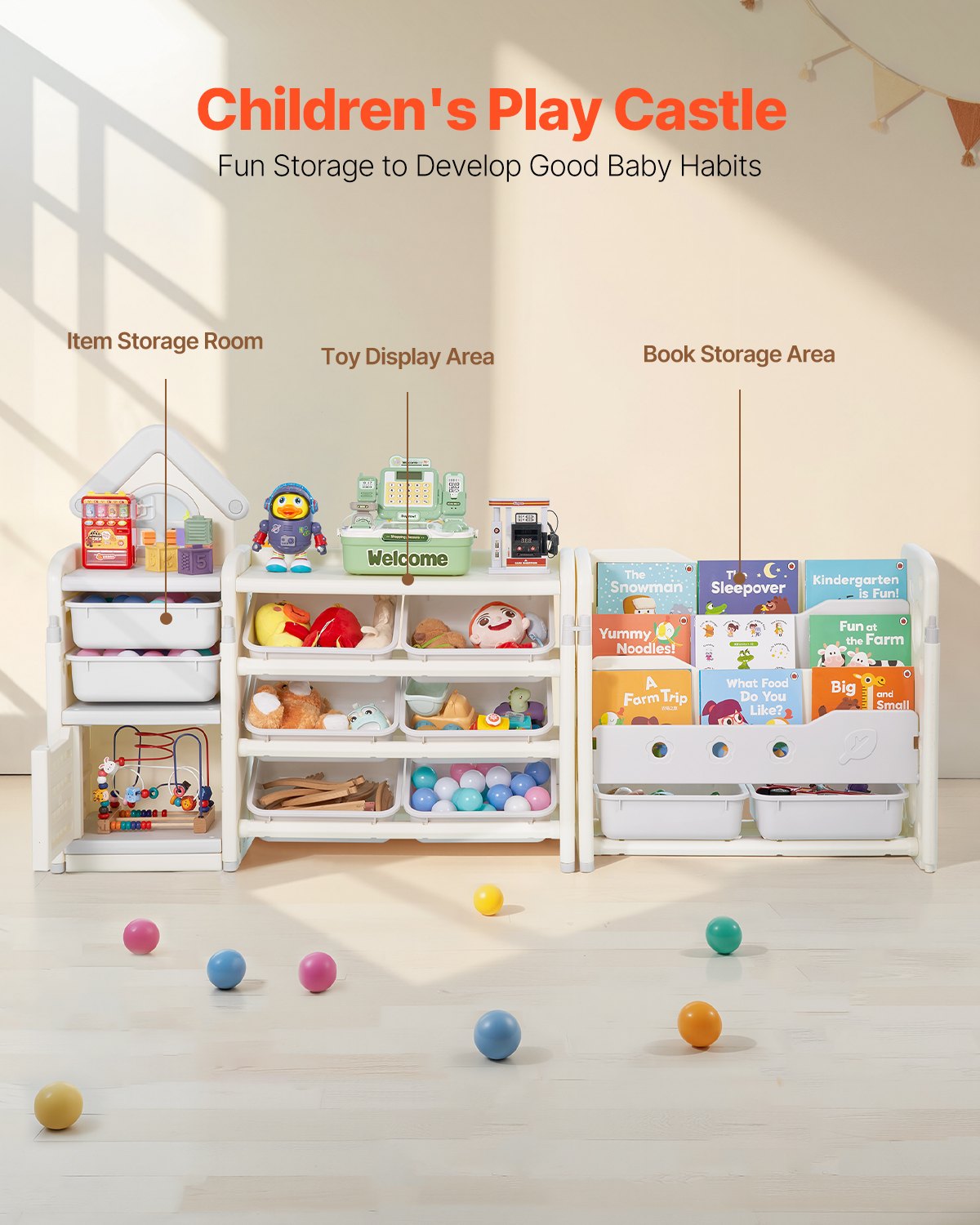 VEVOR Scaffale per Giocattoli in HDPE, Organizzatore per Giocattoli Multifunzionale a 4 Ripiani con 10 Contenitori in Plastica Flessibile, per Camera da Letto e Cameretta dei Bambini, Grigio e Beige